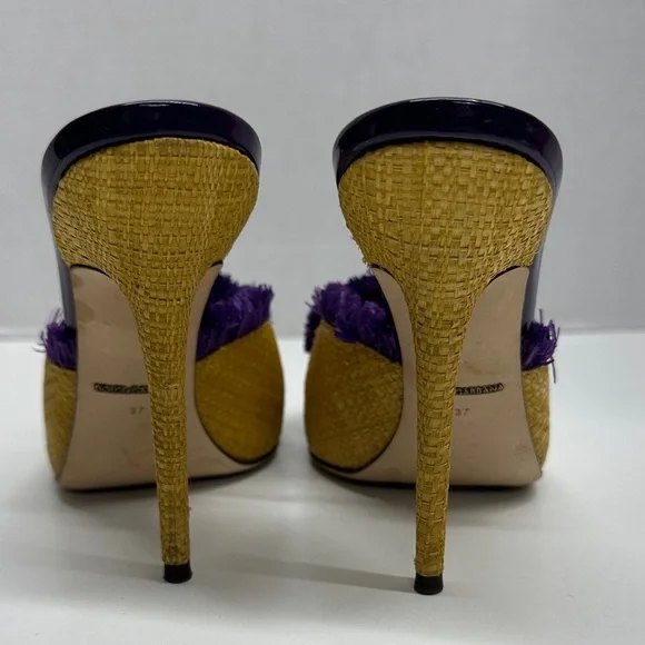 Dolce & Gabbana Keira Straw Mules Heels Open Toe Pumps Shoes Yellow Size EU 37 7 - Picture 4 of 13